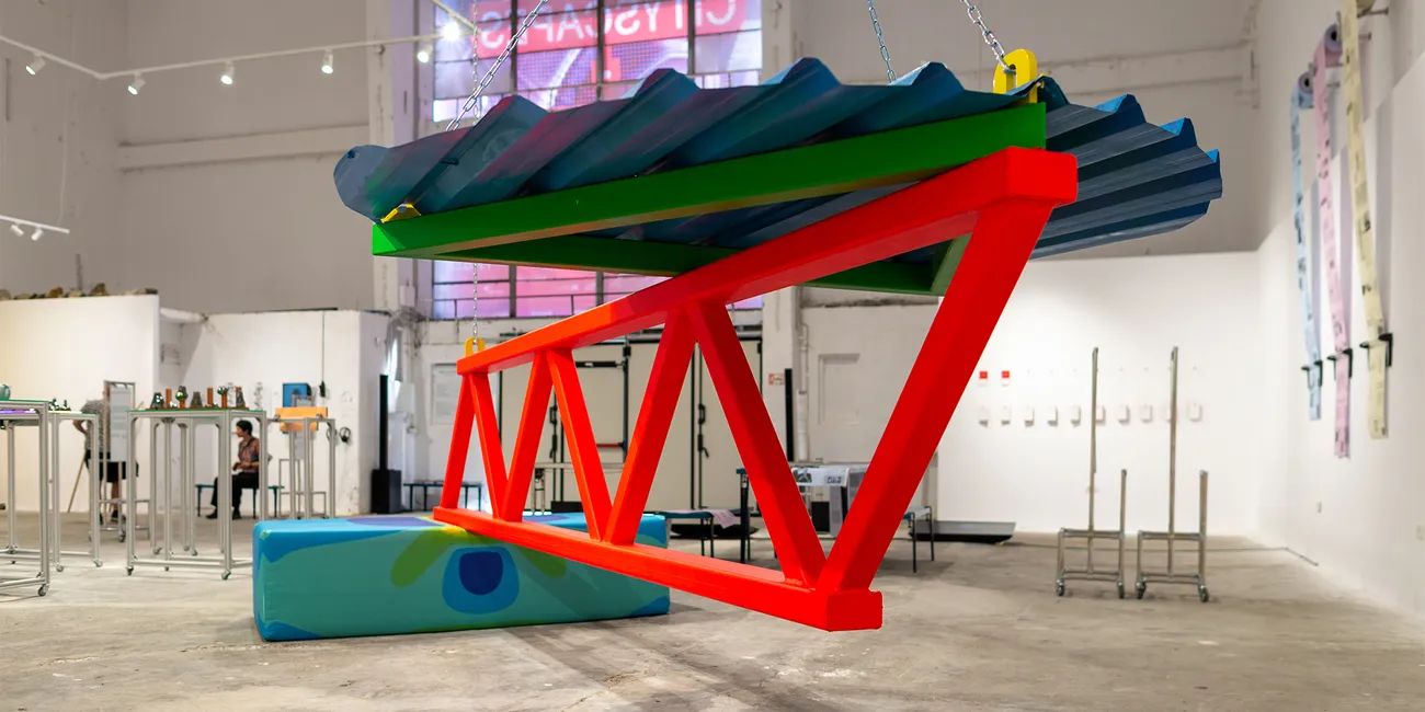 red installation in exhibition space in faber